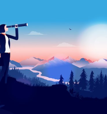 Business woman with binocular searching for opportunities - Female manager standing in a landscape with sunrise looking for solutions. Business outlook, female leader, strategy concept. Illustration.