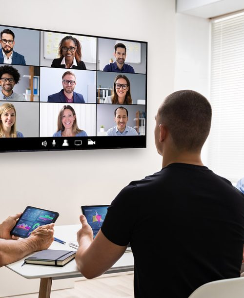 Business Video Conference In Room. Videoconference Meeting